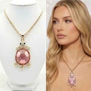 Gold plated pink & white crystal sea turtle necklace (movable limbs)